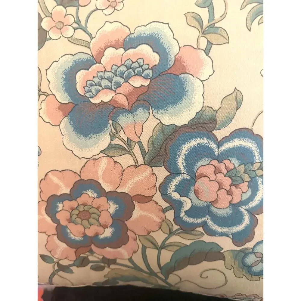 Pair Vintage Floral Cotton Throw Pillows Blue Suede Piping 17.5” Grandmillennial